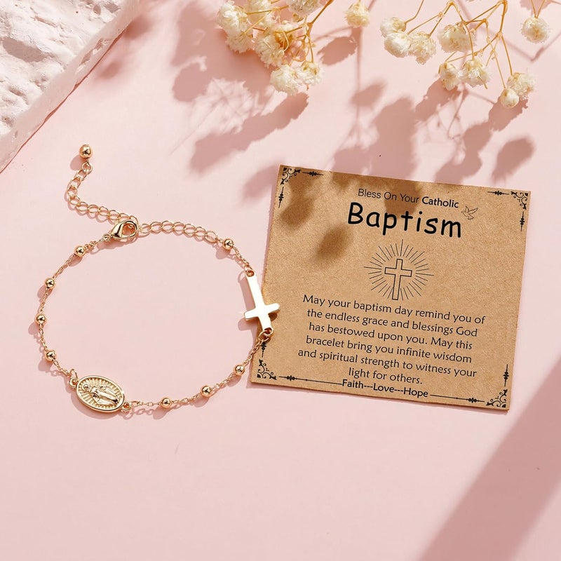 VULETO Catholic Virgin Mary Cross Bracelet Gifts for Girls Teens Women, Rosary Beads Charm Link Chain Bracelet Christmas Christian Religious Jewelry Gifts - Image 3